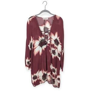 Flynn Skye Burgundy Sunflower Lace Up Gauzy Tunic‎ Size Large